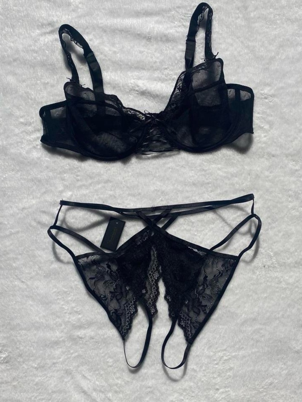 Sheer Lace Strappy Bra & Garter Set - Black